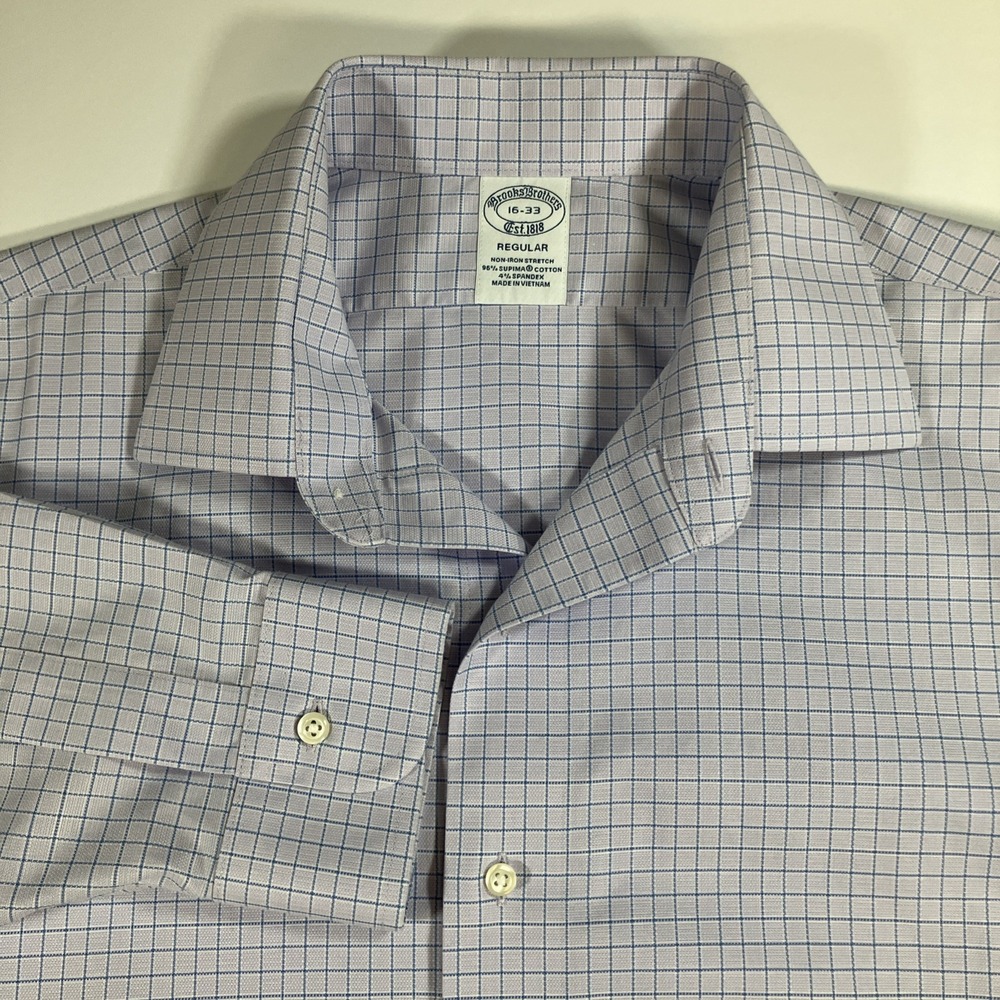 Brooks Brothers 16-33 Lavender & Blue Check Supima‎ Cotton Stretch Dress Shirt